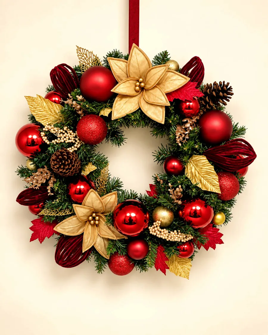 Flor de Natal: Guirlanda com poinsétias douradas, bolas vermelhas e folhas bordô